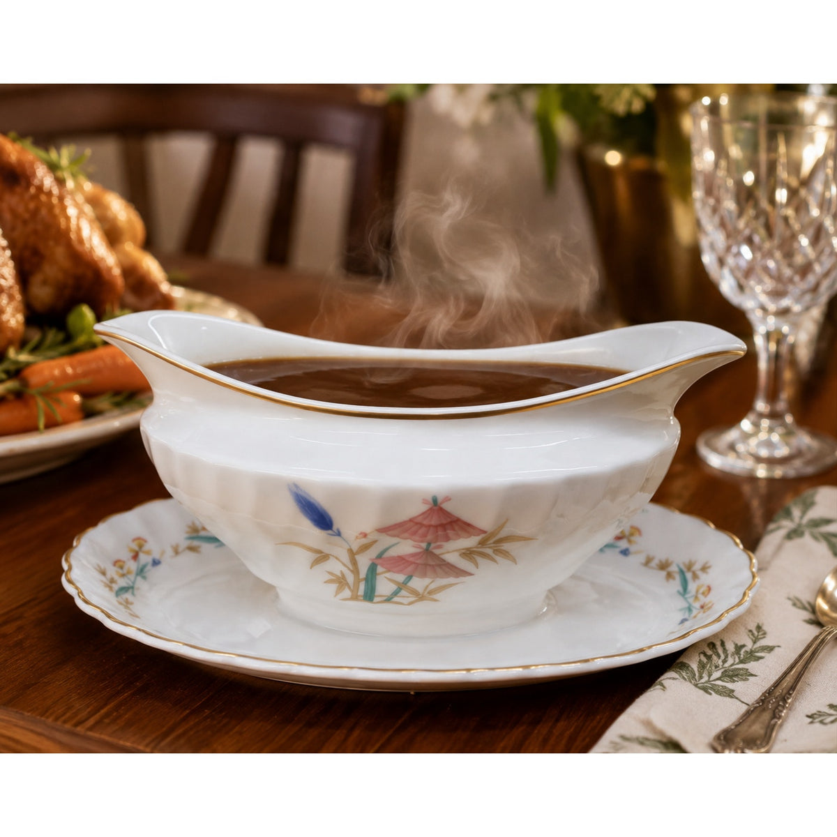 Syracuse Temple Bells Gravy Boat Vintage China Gold Trim Attached Underplate – main view