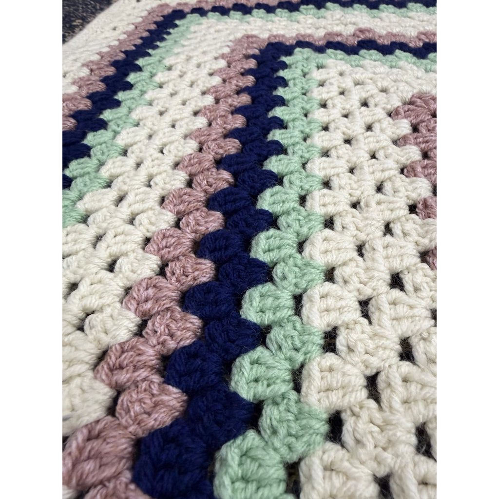 Handmade Crochet Lap Afghan Blanket Granny Square Ivory Navy Mint Pink 38"