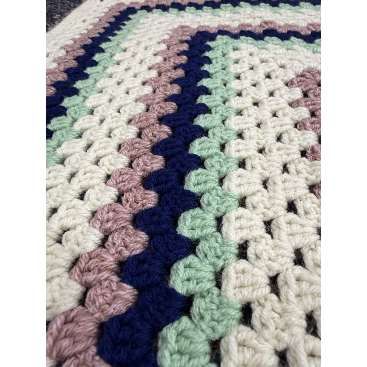 Handmade Crochet Lap Afghan Blanket Granny Square Ivory Navy Mint Pink 38"