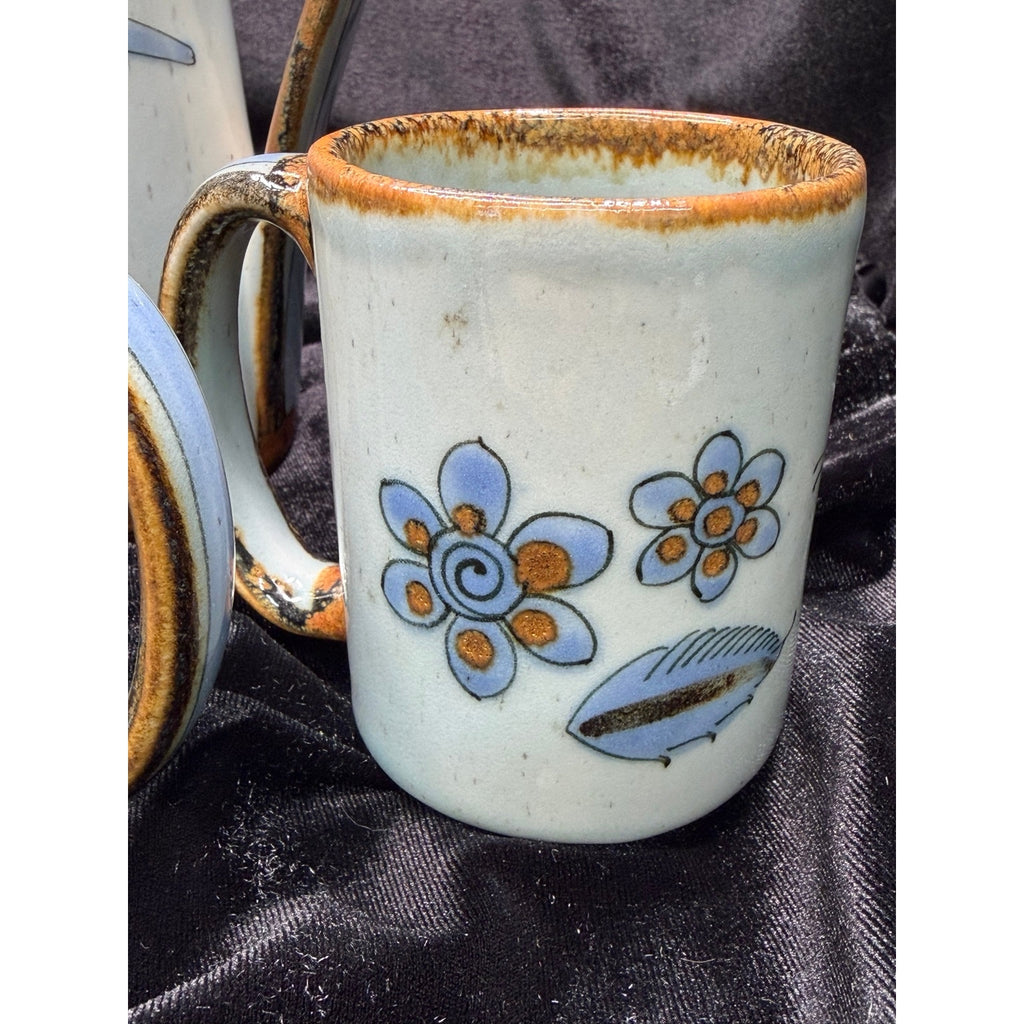 Vintage Del Palomar Mexico Coffee Pot & 3 Mug Set Blue Bird Stoneware