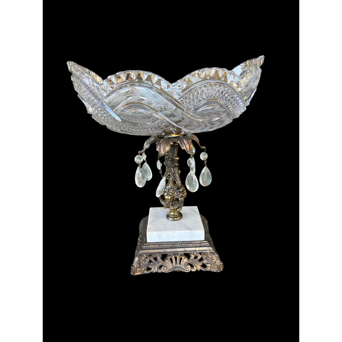 Antique Cut Crystal Centerpiece Bowl with Brass Marble Pedestal and Prisms