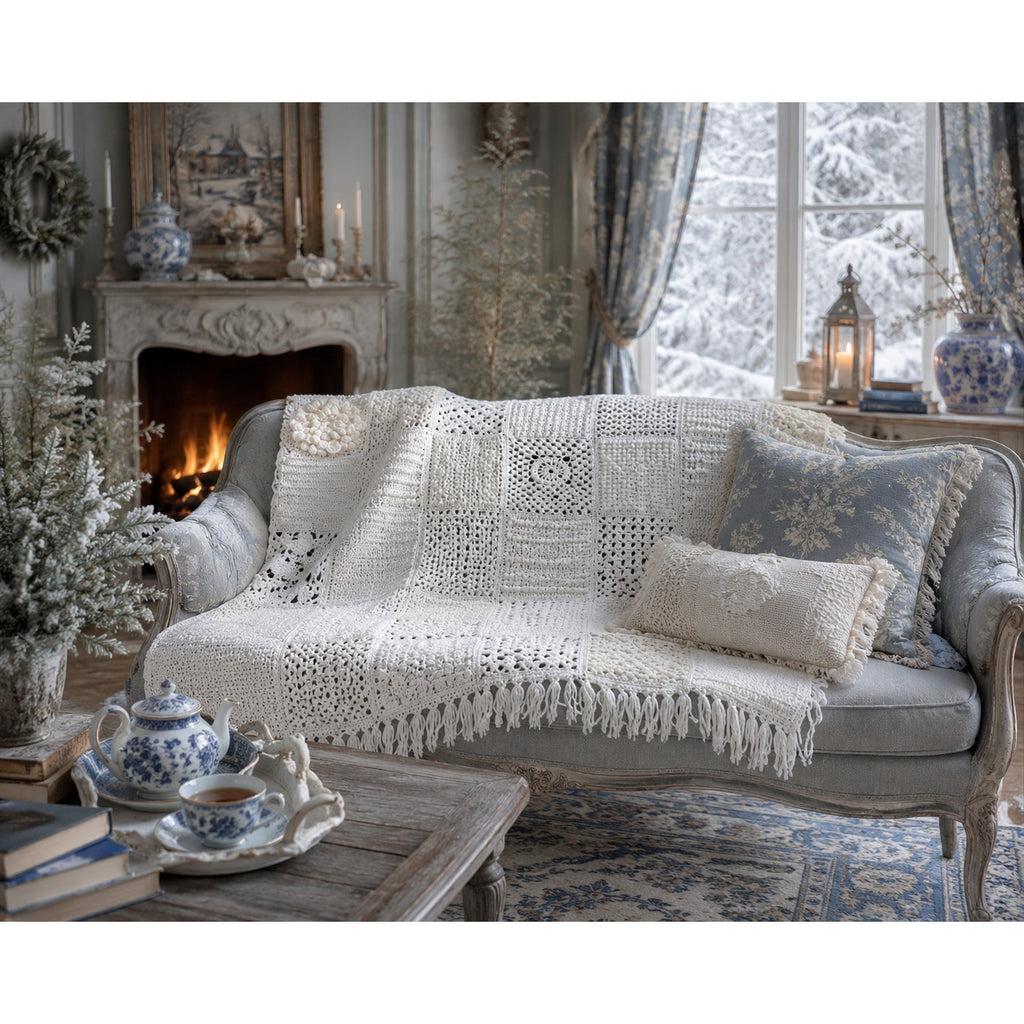 Handmade Crochet Sampler Afghan Winter White Textured Fringe 45 x 64 – main view