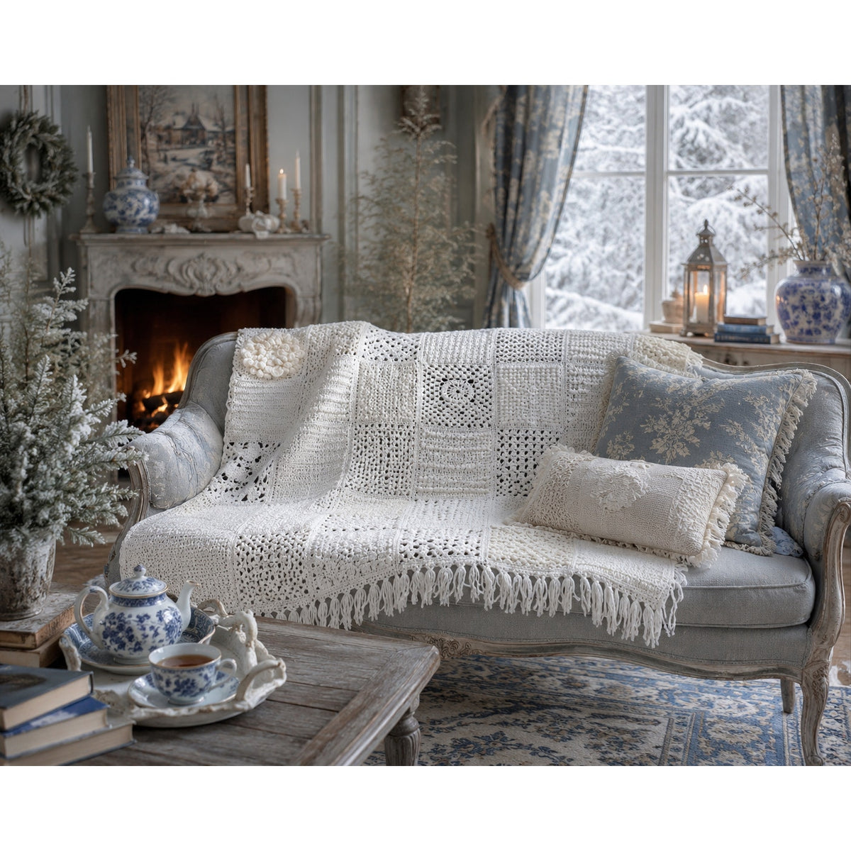 Handmade Crochet Sampler Afghan Winter White Textured Fringe 45 x 64 – main view