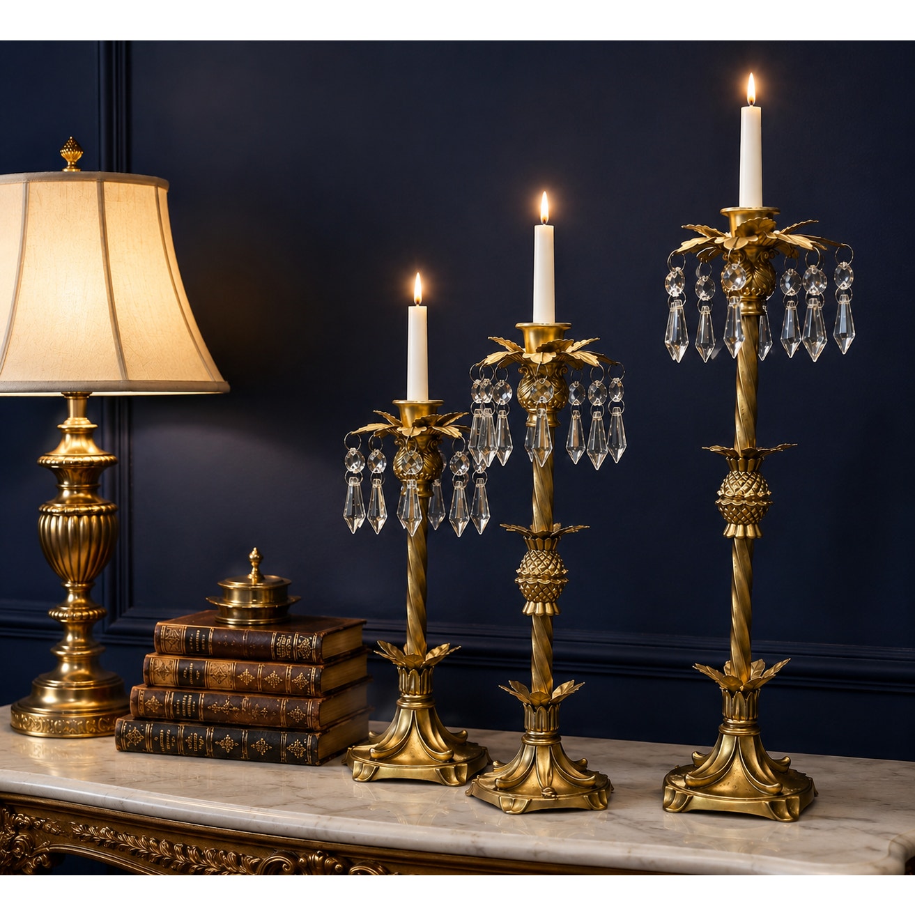 Hollywood Regency Crystal Prism Candlestick Set Gold Floral Candle Holders