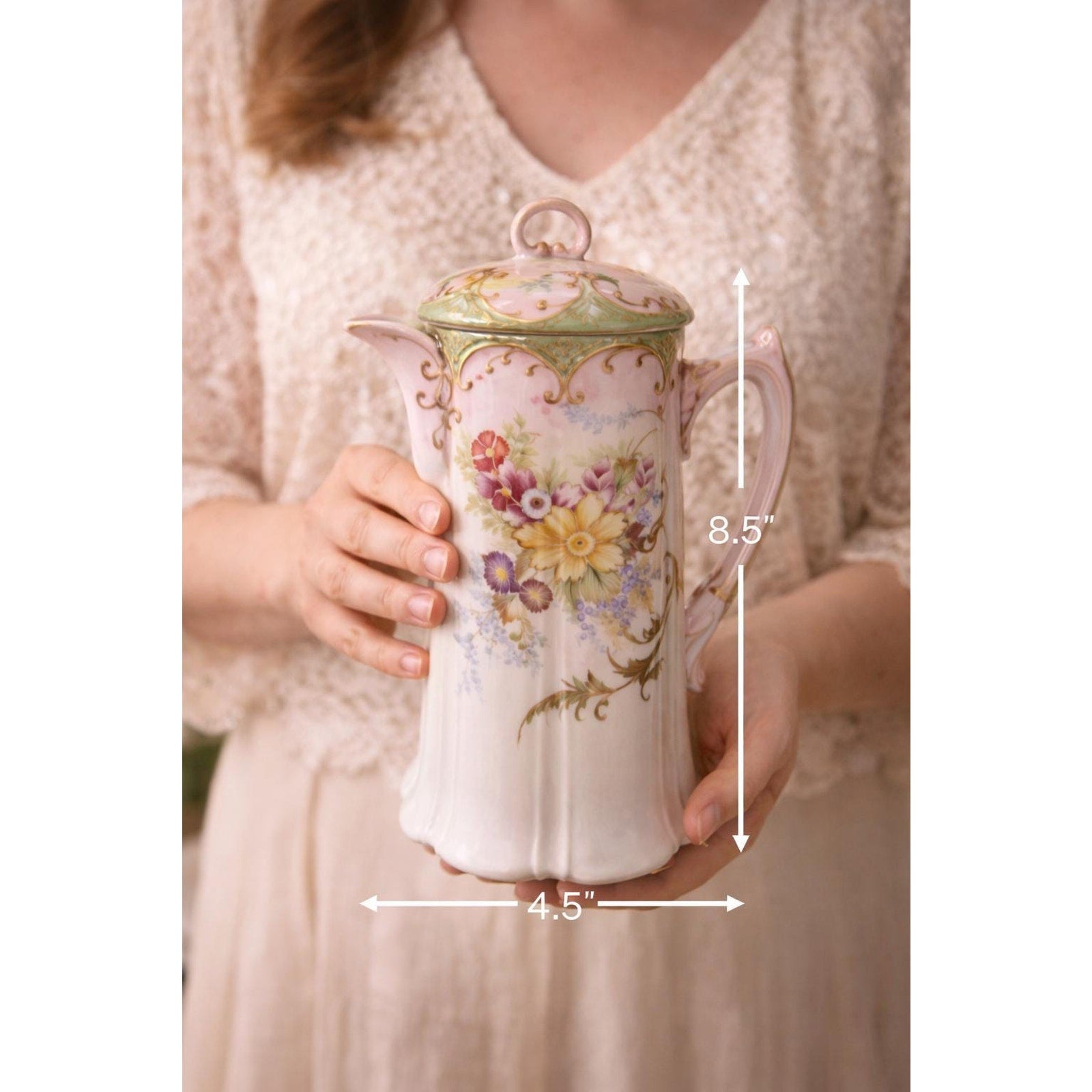 Antique Art Nouveau Chocolate Pot Hand Painted Porcelain Floral Gold Gilt 1900s