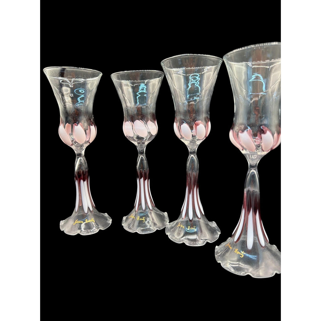 Jean Boutz Hand Blown Art Glass Goblets Set 6 Pink Signed Stemware