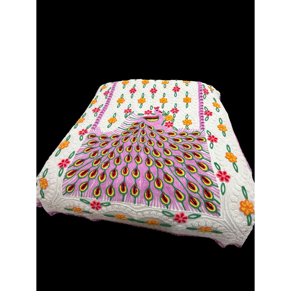 Vintage Peacock Chenille Bedspread Full Double 88 x 100 ** READ **