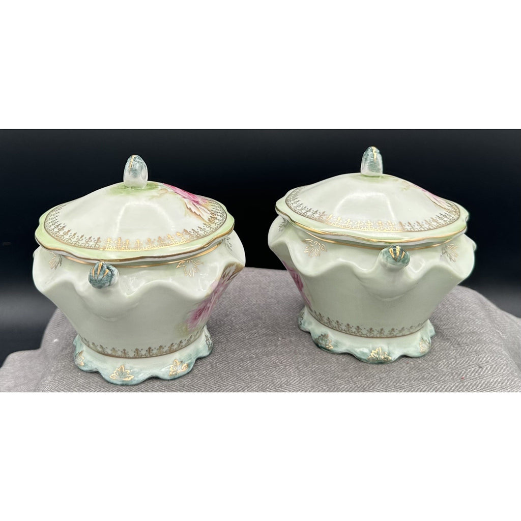 Antique Nippon Lidded Covered Bowls Pair Pink Roses Gold Trim Japan Porcelain