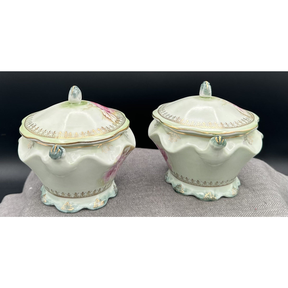 Antique Nippon Lidded Covered Bowls Pair Pink Roses Gold Trim Japan Porcelain