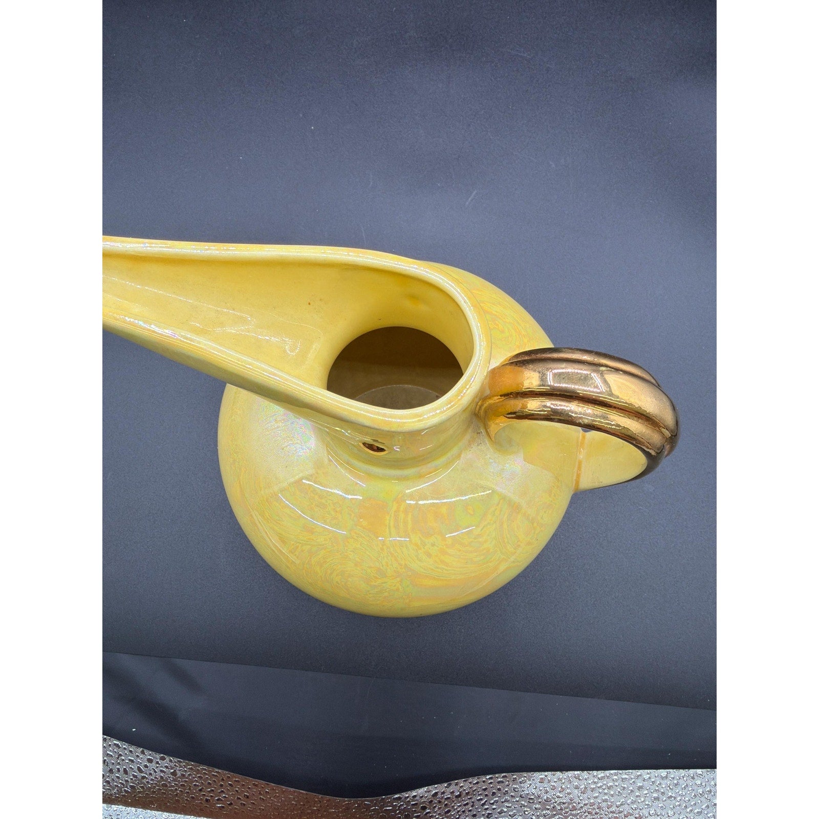Vintage Art Pottery Ewer – Iridescent Bird Form Vase with 22K Gold Handle (USA)