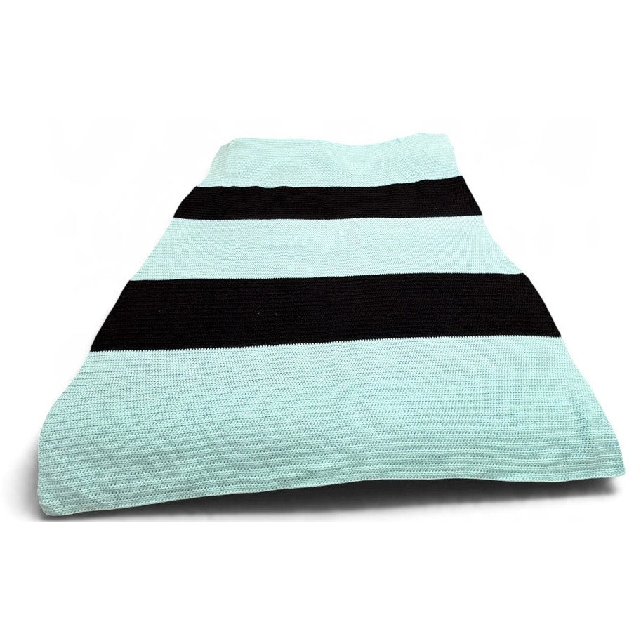 Handmade Crochet Afghan Blanket Aqua Black Striped Heavyweight Throw 52x68