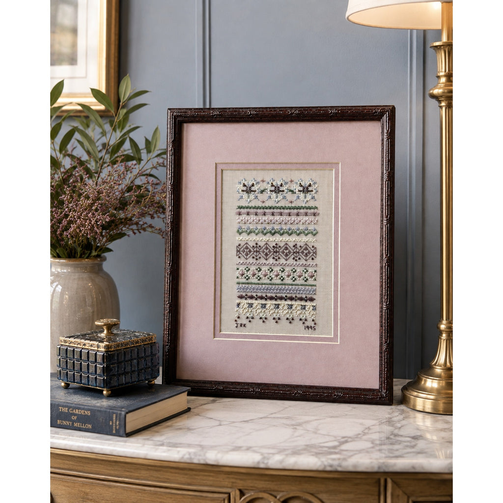 Just Nan Silver Needle Cross Stitch Sampler Beaded Framed Vintage 1994 – main view