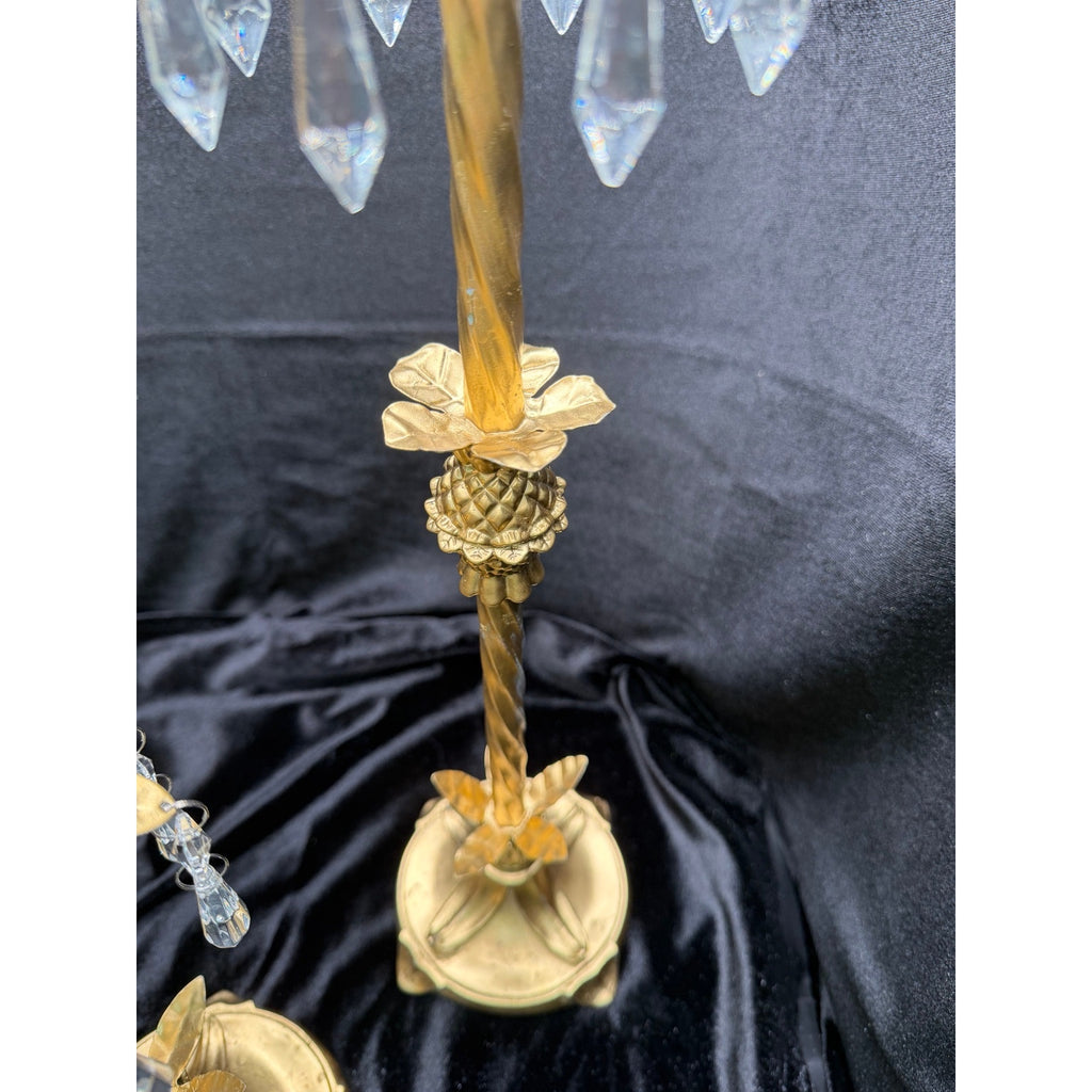 Hollywood Regency Crystal Prism Candlestick Set Gold Floral Candle Holders