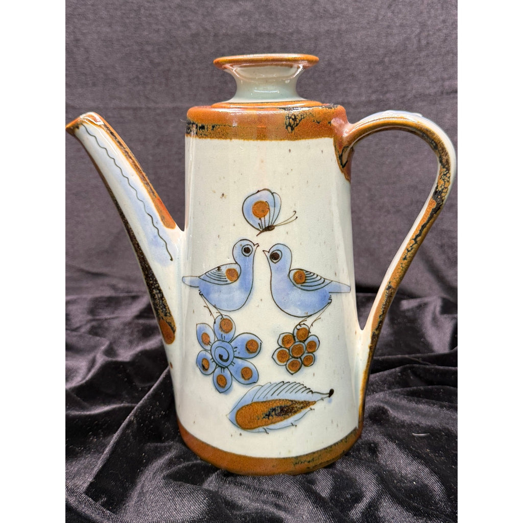 Vintage Del Palomar Mexico Coffee Pot & 3 Mug Set Blue Bird Stoneware