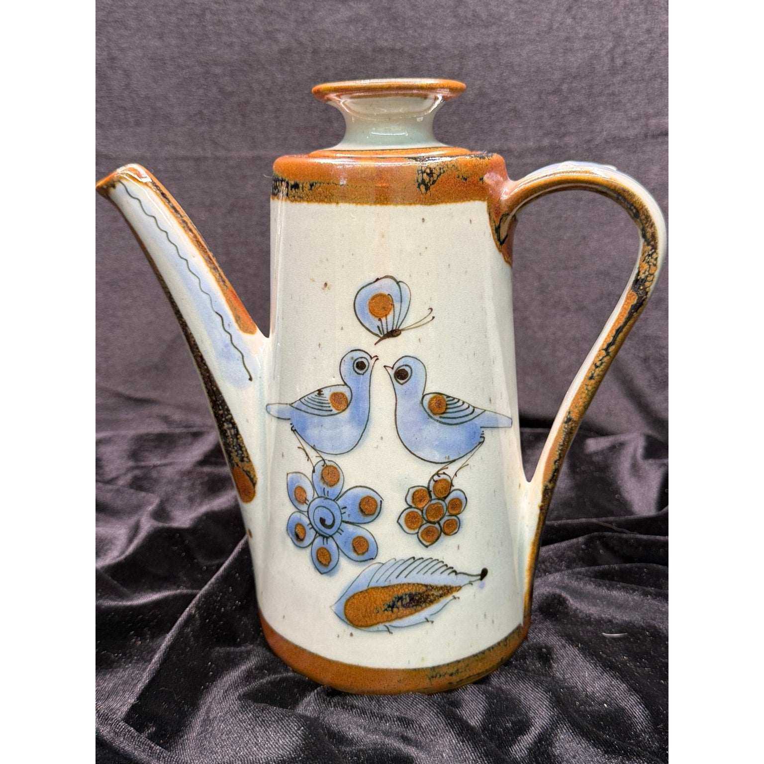 Vintage Del Palomar Mexico Coffee Pot & 3 Mug Set Blue Bird Stoneware