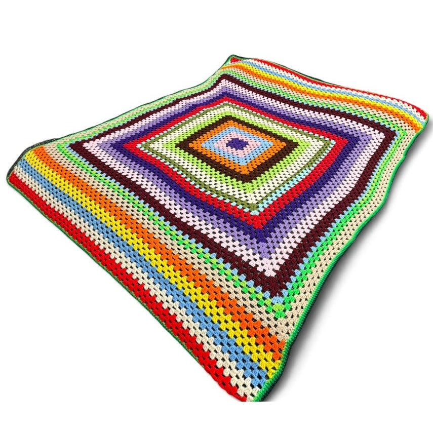 Vintage Crochet Afghan Blanket Technicolor Granny Square 60 x 76 Twin