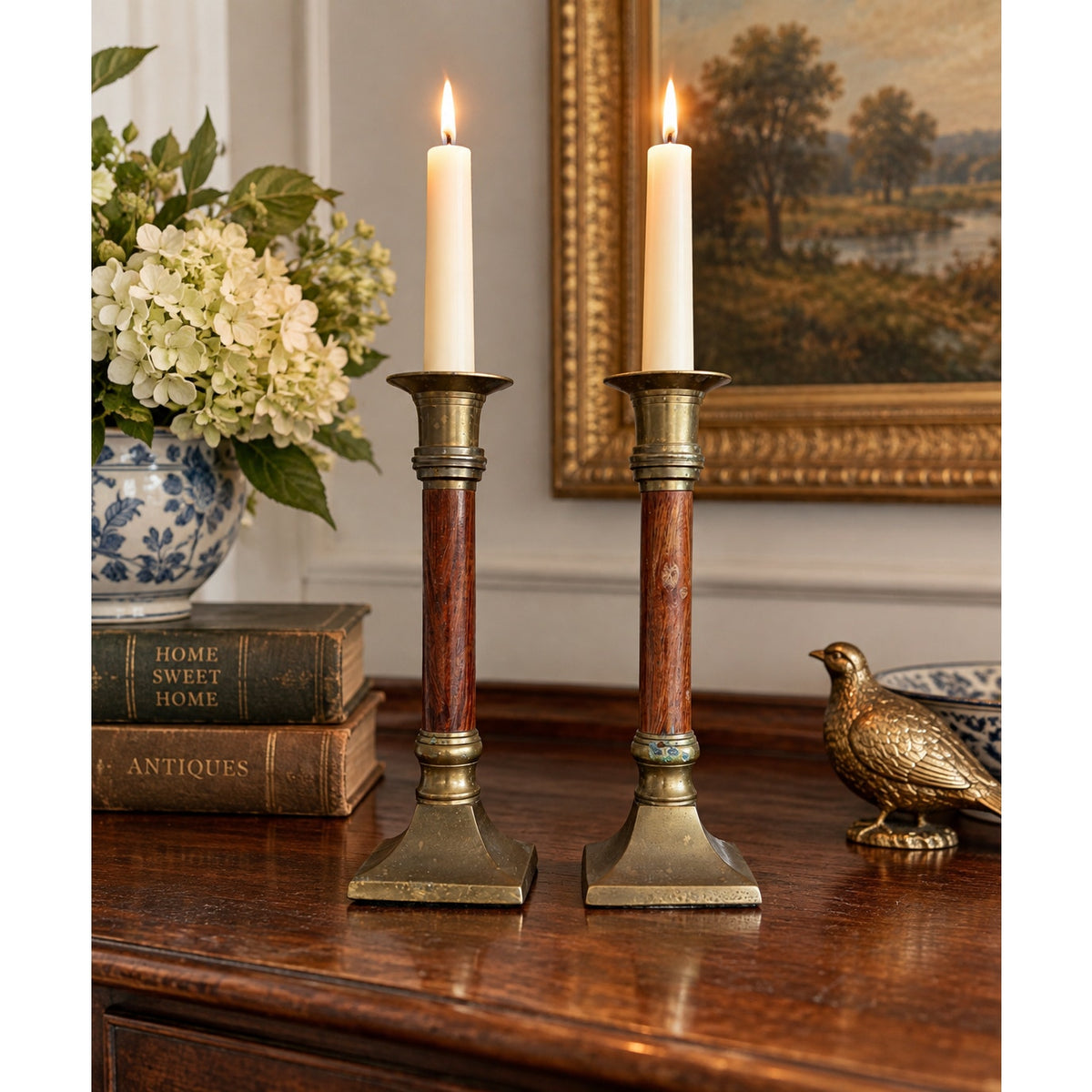Vintage Brass Wood Candlestick Holders Pair Square Base 7.5 Inch – main view