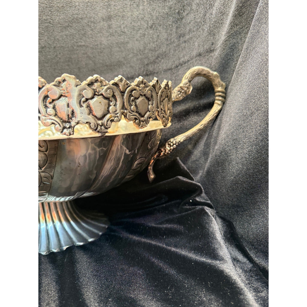 Large Victorian Revival Silver Tone Centerpiece Bowl Grapevine Handles