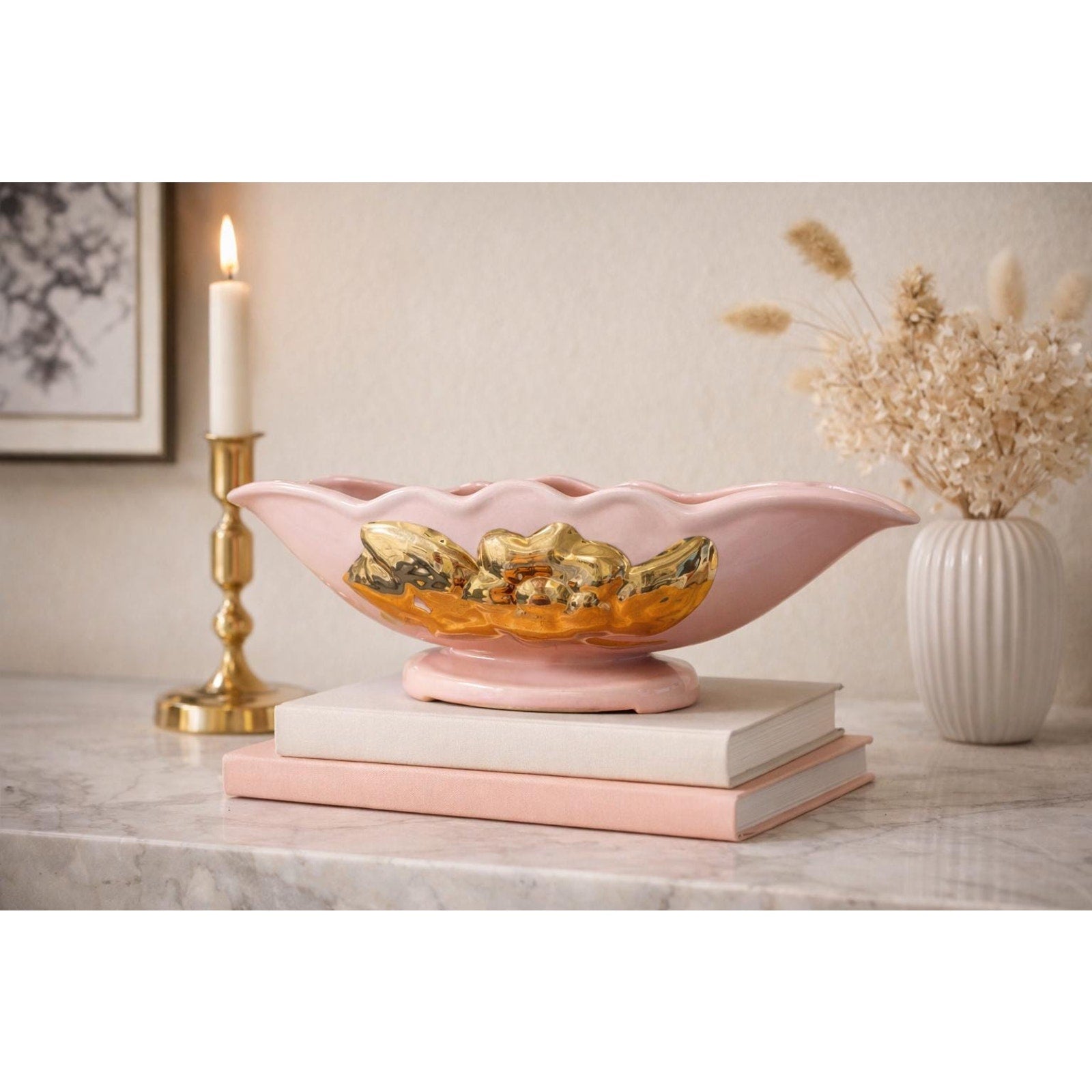 Vintage Pink Gold Bowl Planter Mid Century Modern Centerpiece Hollywood Regency