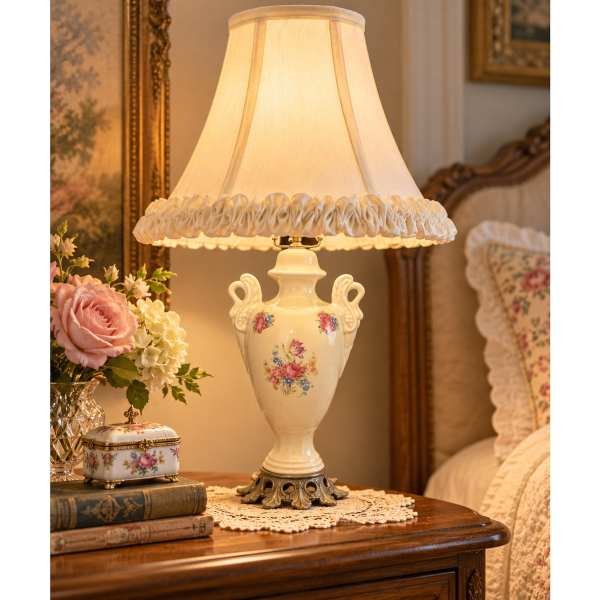 Vintage Floral Swan Handle Boudoir Lamp Cream Ceramic Urn Ruffled Shade