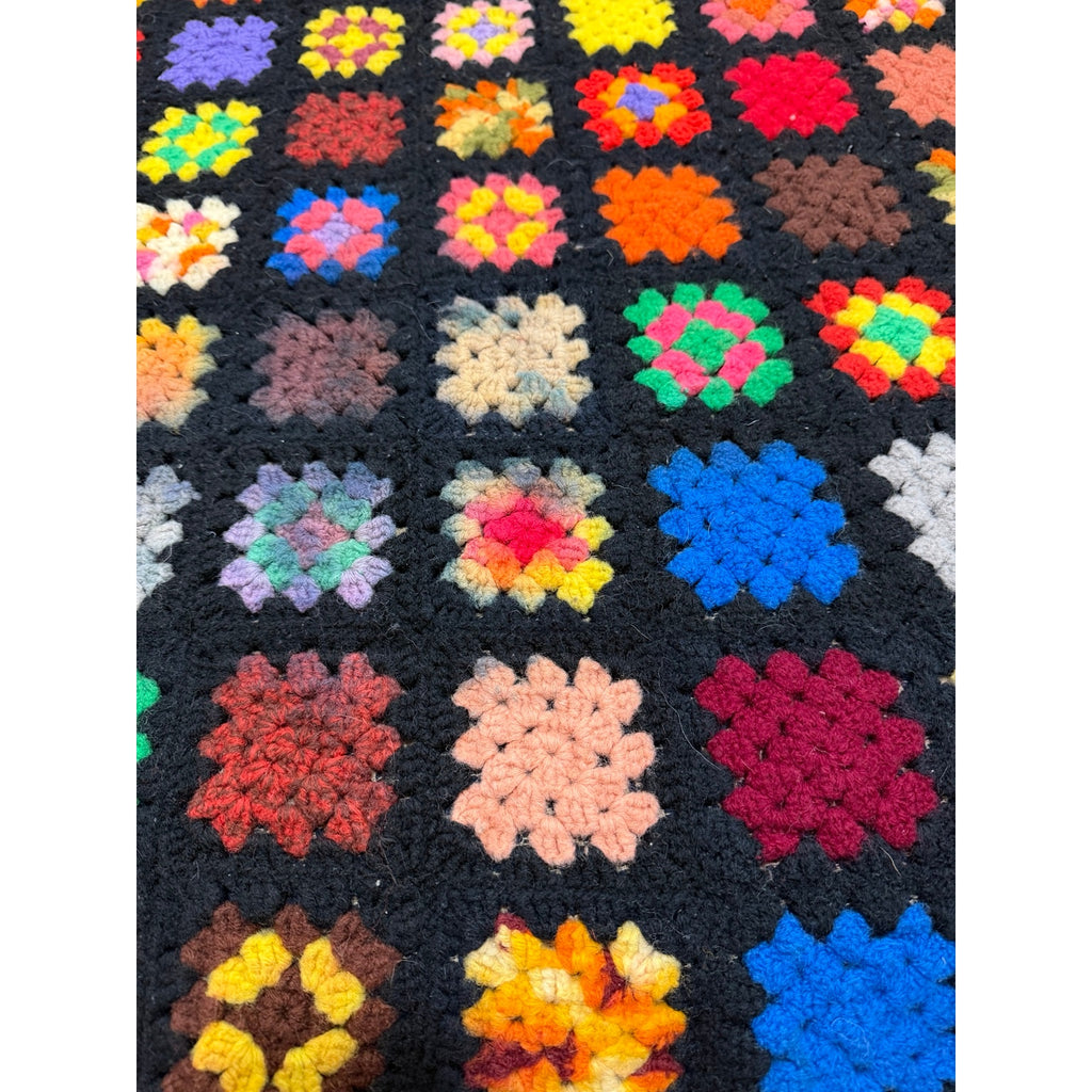 Vintage Handmade Granny Square Afghan Throw Black Crochet Blanket 78 x 52