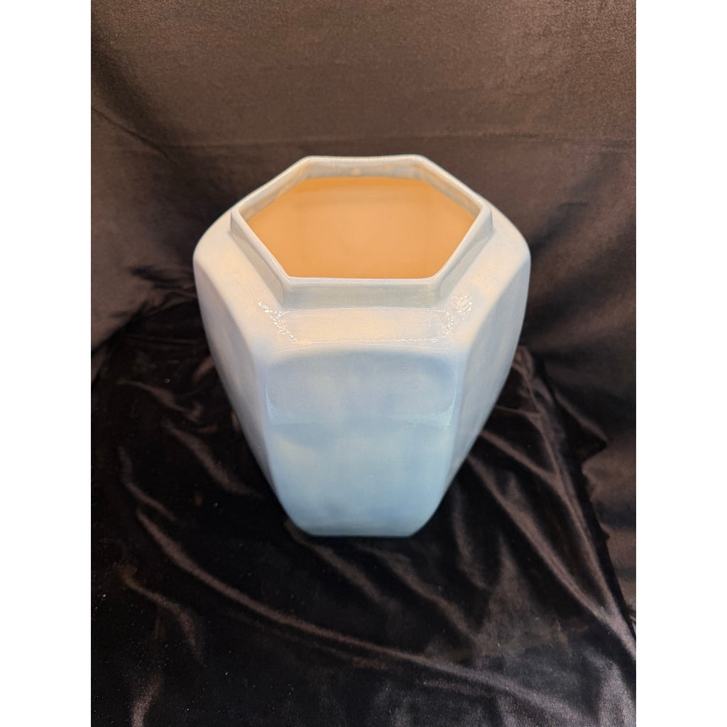 Large Signed Studio Pottery Vase Pale Blue Hexagon Art Pottery 11 Inch 1988