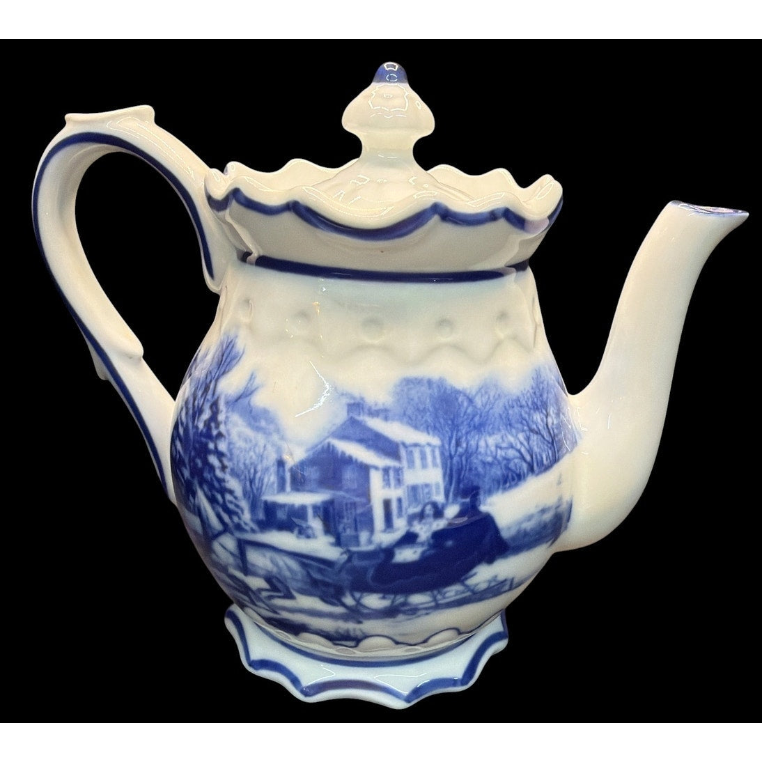 Vintage Blue White Scenic Teapot 40–48 oz Winter Cottage Tea Pot