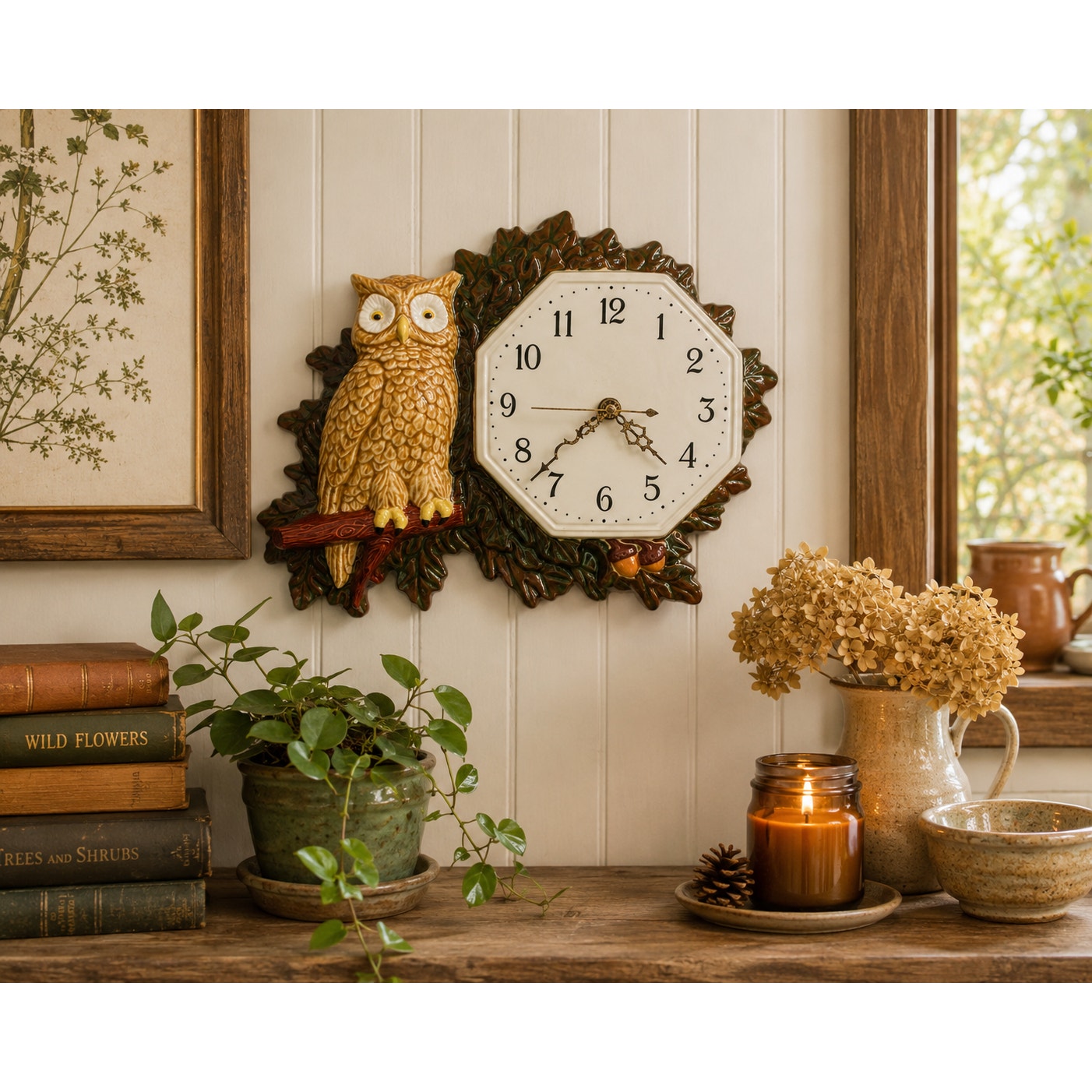 Vintage 1979 Cramer Ceramic Owl Wall Clock Woodland Kitchen Decor