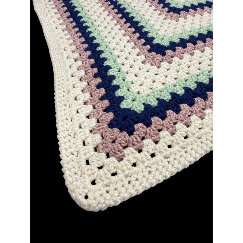Handmade Crochet Lap Afghan Blanket Granny Square Ivory Navy Mint Pink 38"