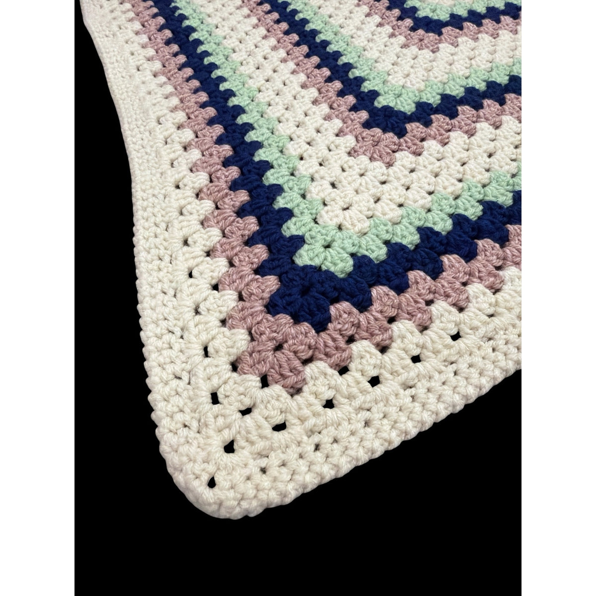 Handmade Crochet Lap Afghan Blanket Granny Square Ivory Navy Mint Pink 38"