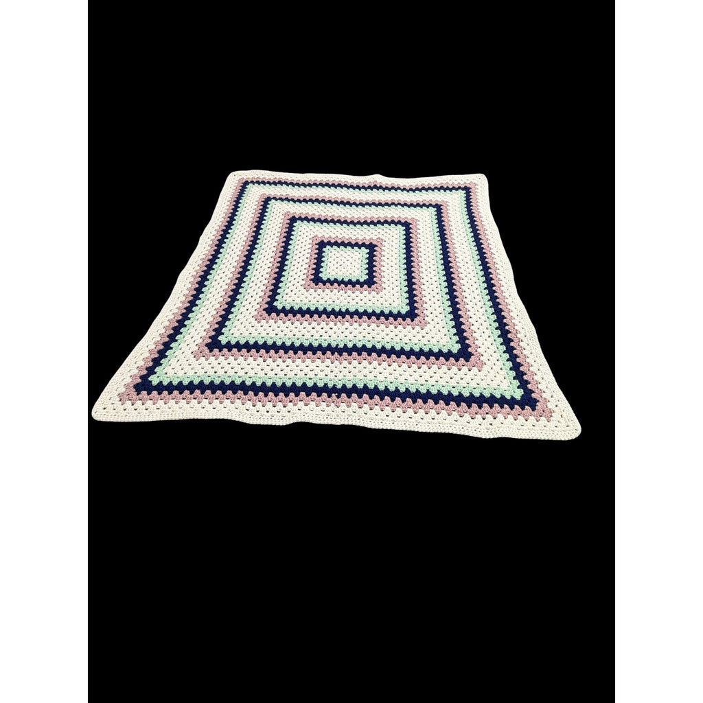 Handmade Crochet Lap Afghan Blanket Granny Square Ivory Navy Mint Pink 38"