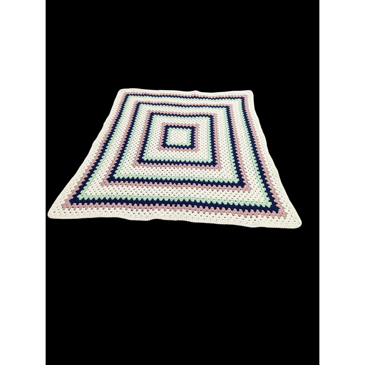 Handmade Crochet Lap Afghan Blanket Granny Square Ivory Navy Mint Pink 38"