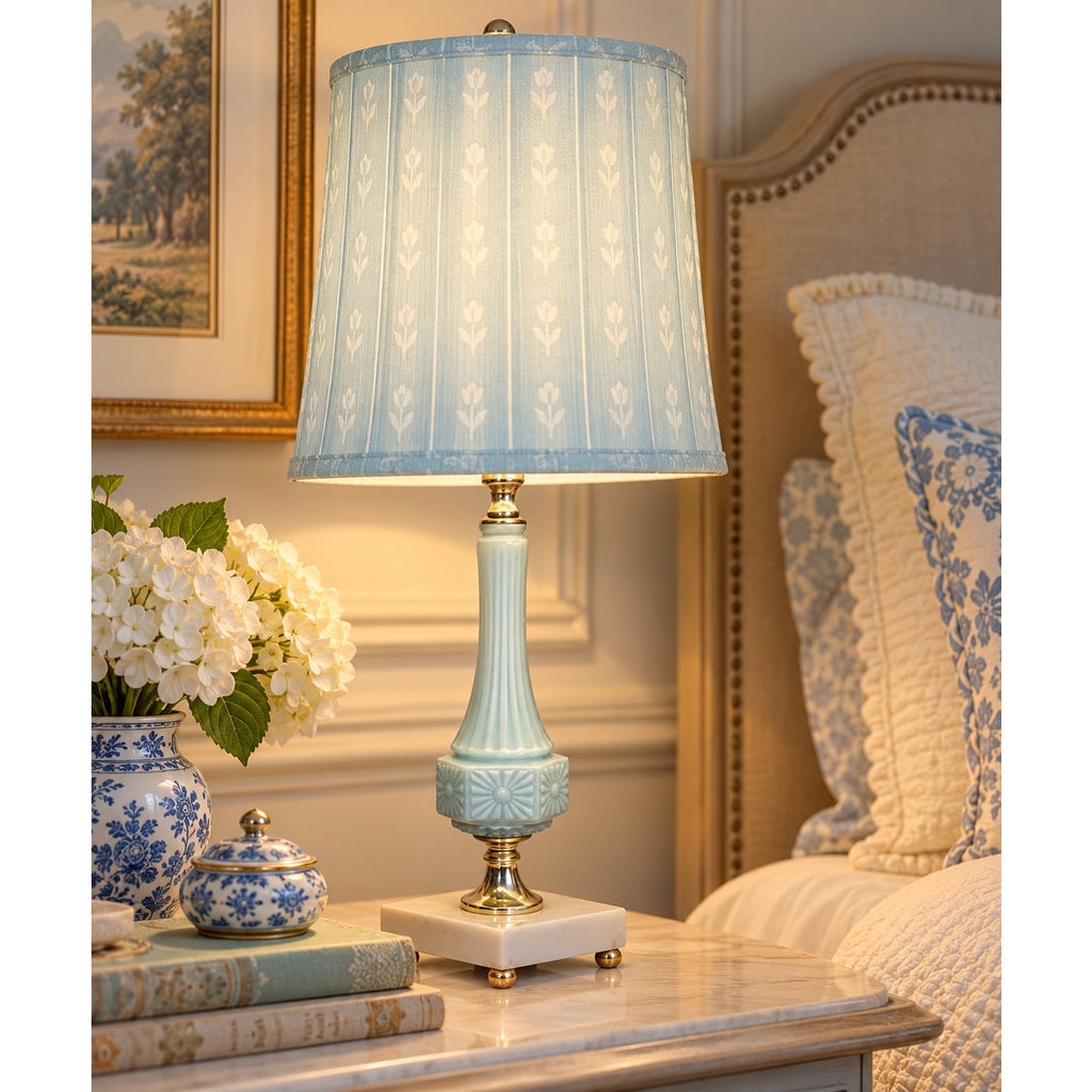 Vintage Blue Glass Table Lamp Marble Base Brass Rewired 16 Inch
