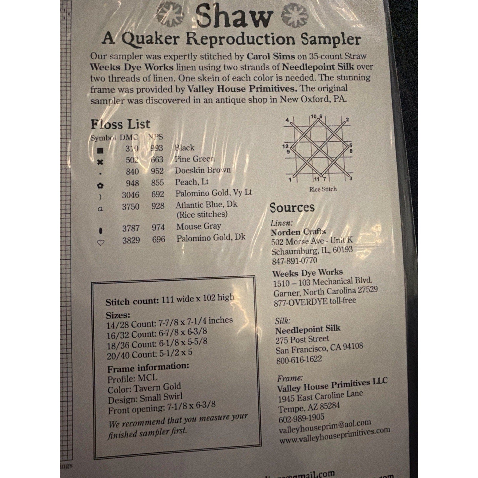 Carriage House Samplings Shaw Quaker Reproduction Sampler Pattern