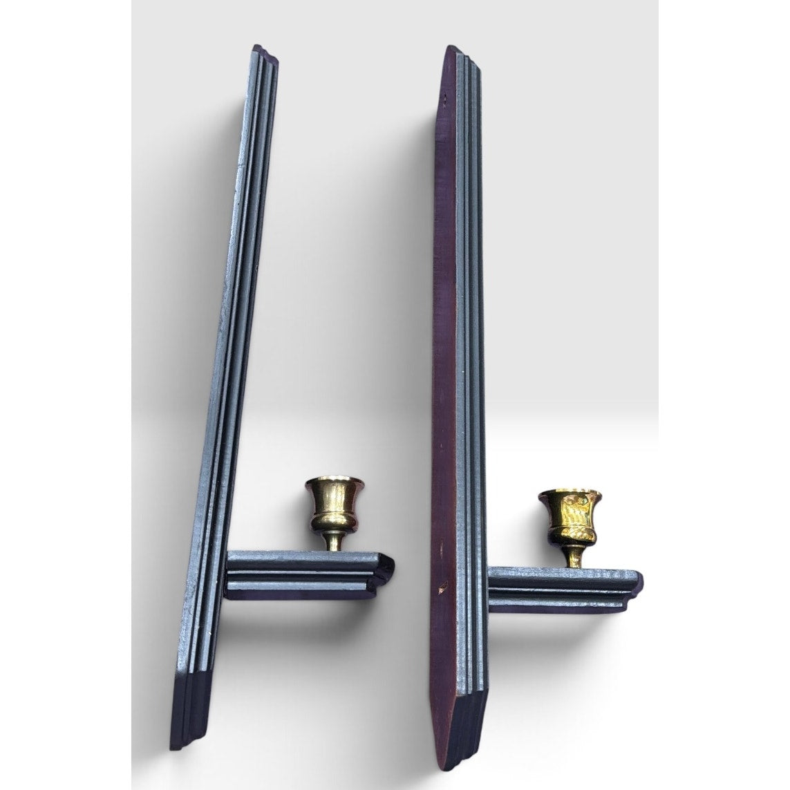 Vintage Black Wood Wall Sconces Solid Brass Candle Holders Pair W Candles – additional view 4