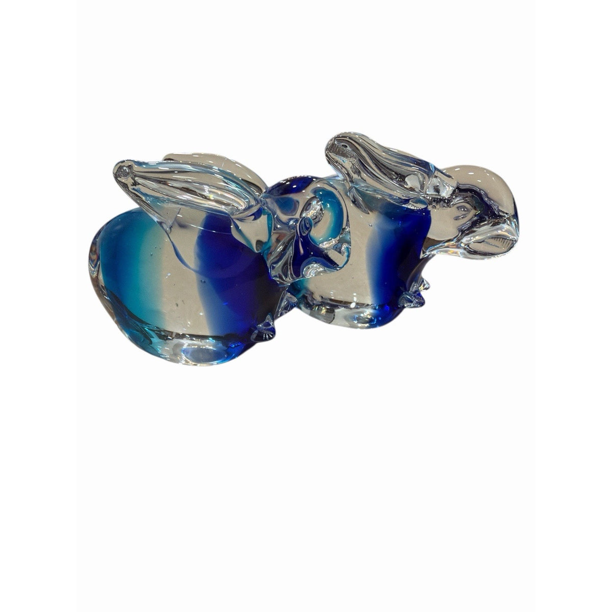 Blue Art Glass Bunny Rabbit Paperweight Pair 4” & 3” Hand Blown Figurines