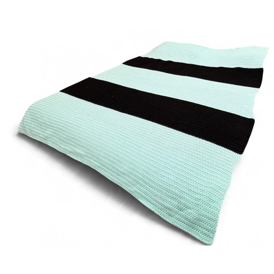 Handmade Crochet Afghan Blanket Aqua Black Striped Heavyweight Throw 52x68
