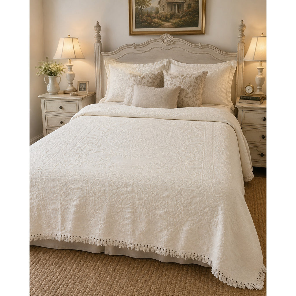 Vintage Crown Crafts Cotton Bedspread Queen Ivory Jacquard Floral Medallion