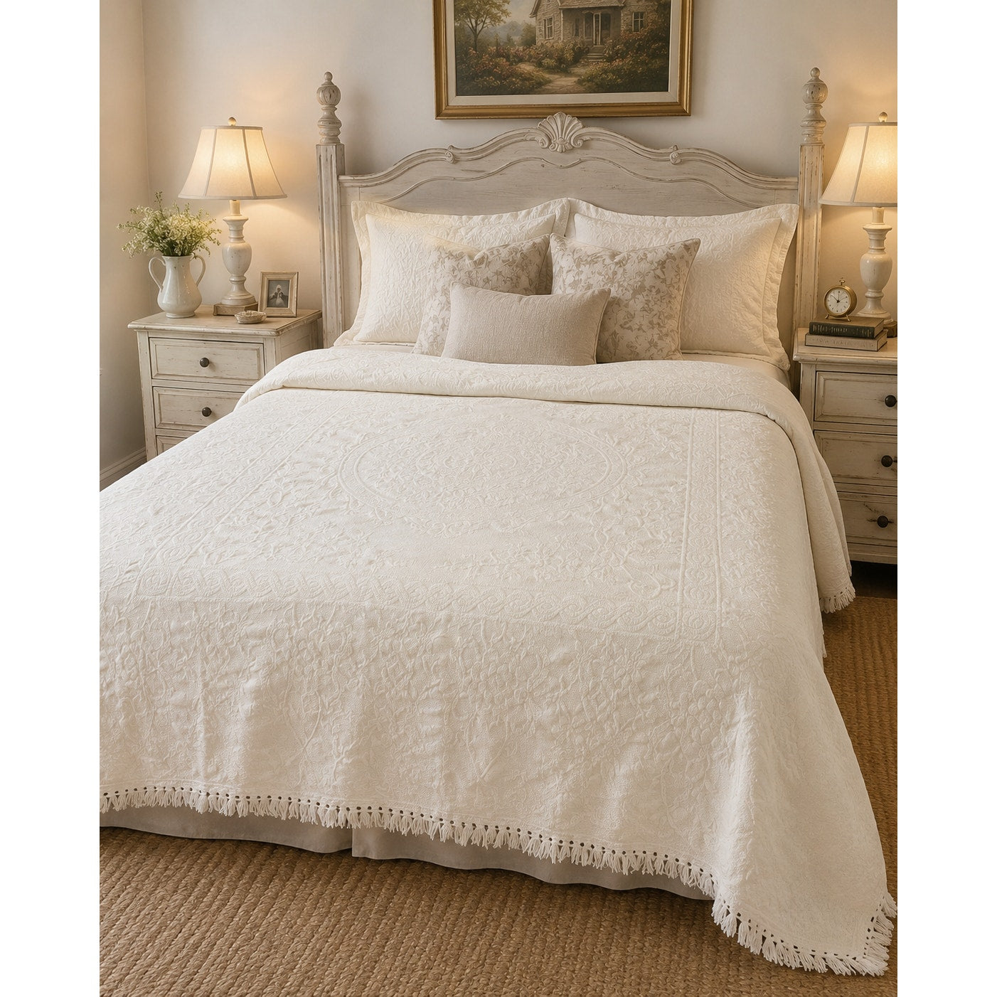 Vintage Crown Crafts Cotton Bedspread Queen Ivory Jacquard Floral Medallion