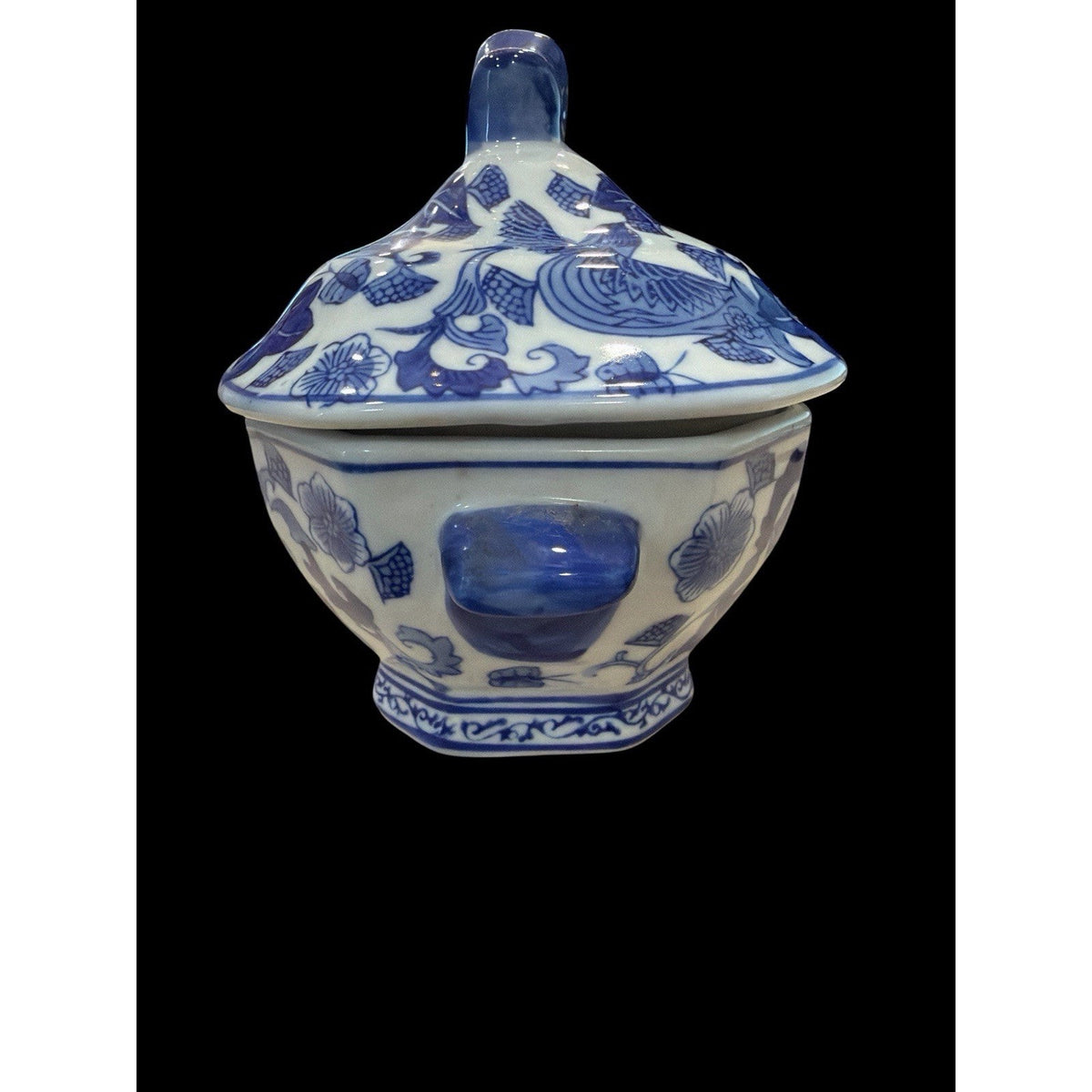 Vintage Blue White Porcelain Phoenix Bird Lidded Jar Octagonal 7 Inch