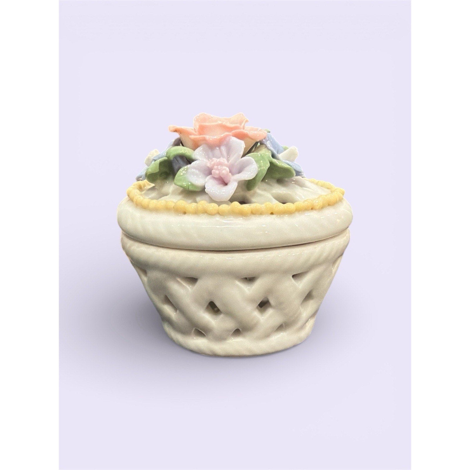 Porcelain Floral Pierced Trinket Box 3” Cottagecore Keepsake Made in China