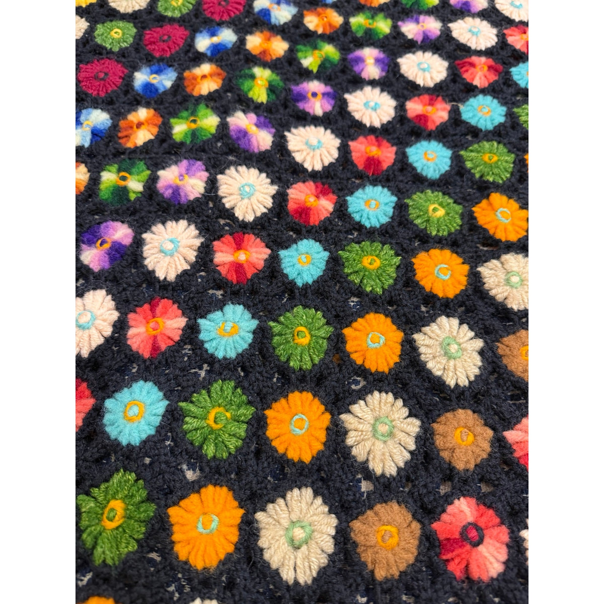 Vintage Wool Crochet Afghan Black Multicolor Miniature Flower Blanket 53 x 45 – additional view 5