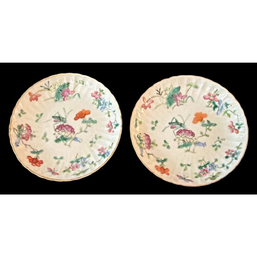 Vintage Chinoiserie Porcelain Bowls Pair Floral Cricket Trinket Dishes