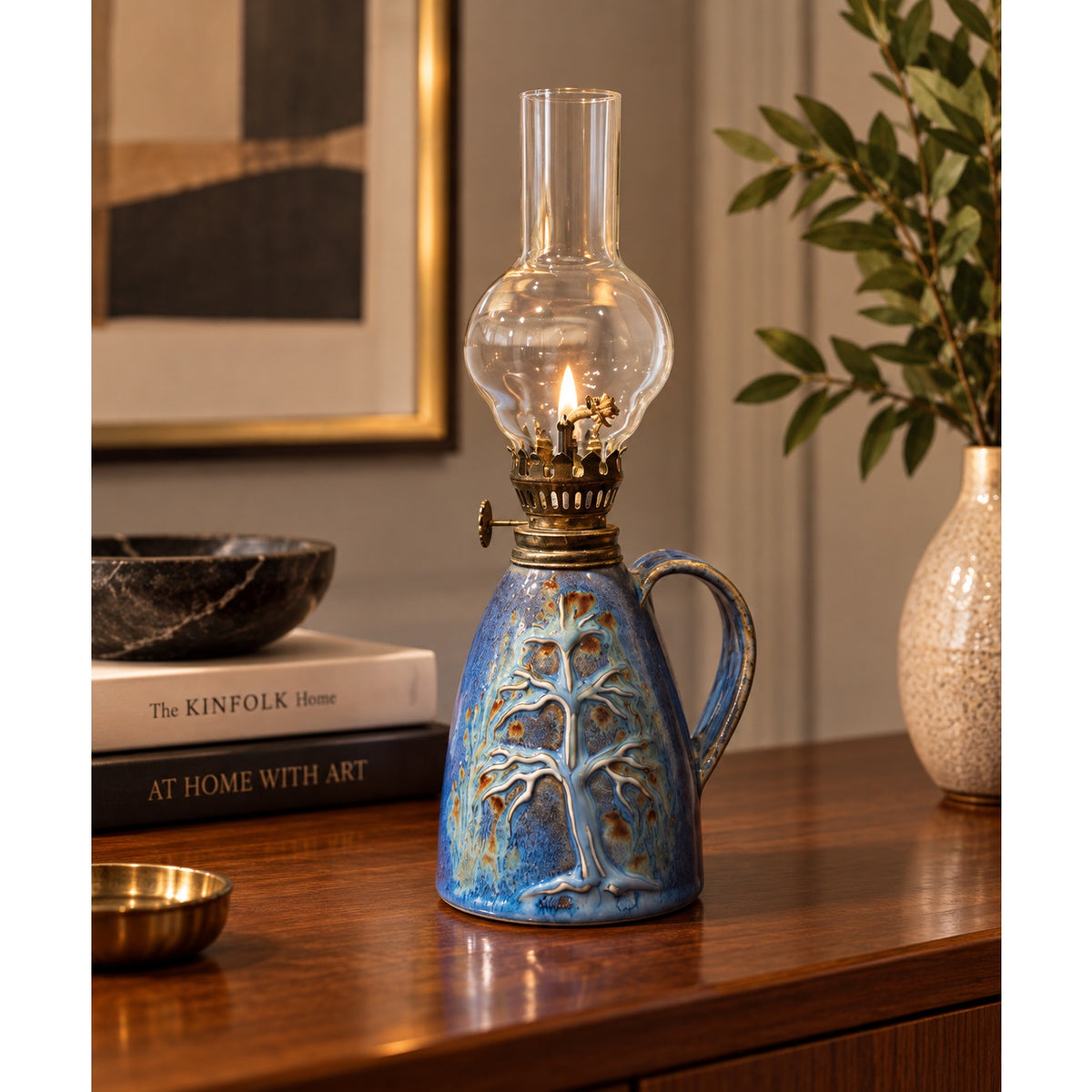 Vintage Studio Pottery Oil Lamp Attributed to Carlos Robledo Blue Tree Design – main view