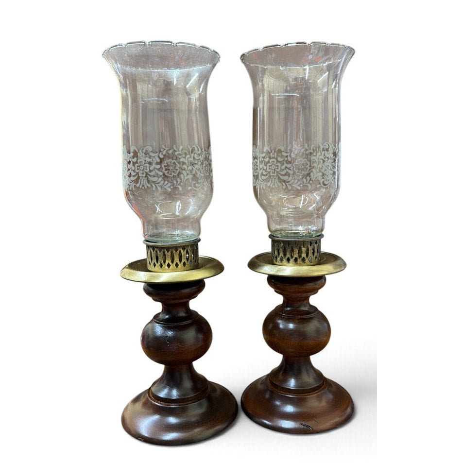 Vintage Hurricane Candle Holders Turned Wood Etched Glass Brass Pair 12 Inch