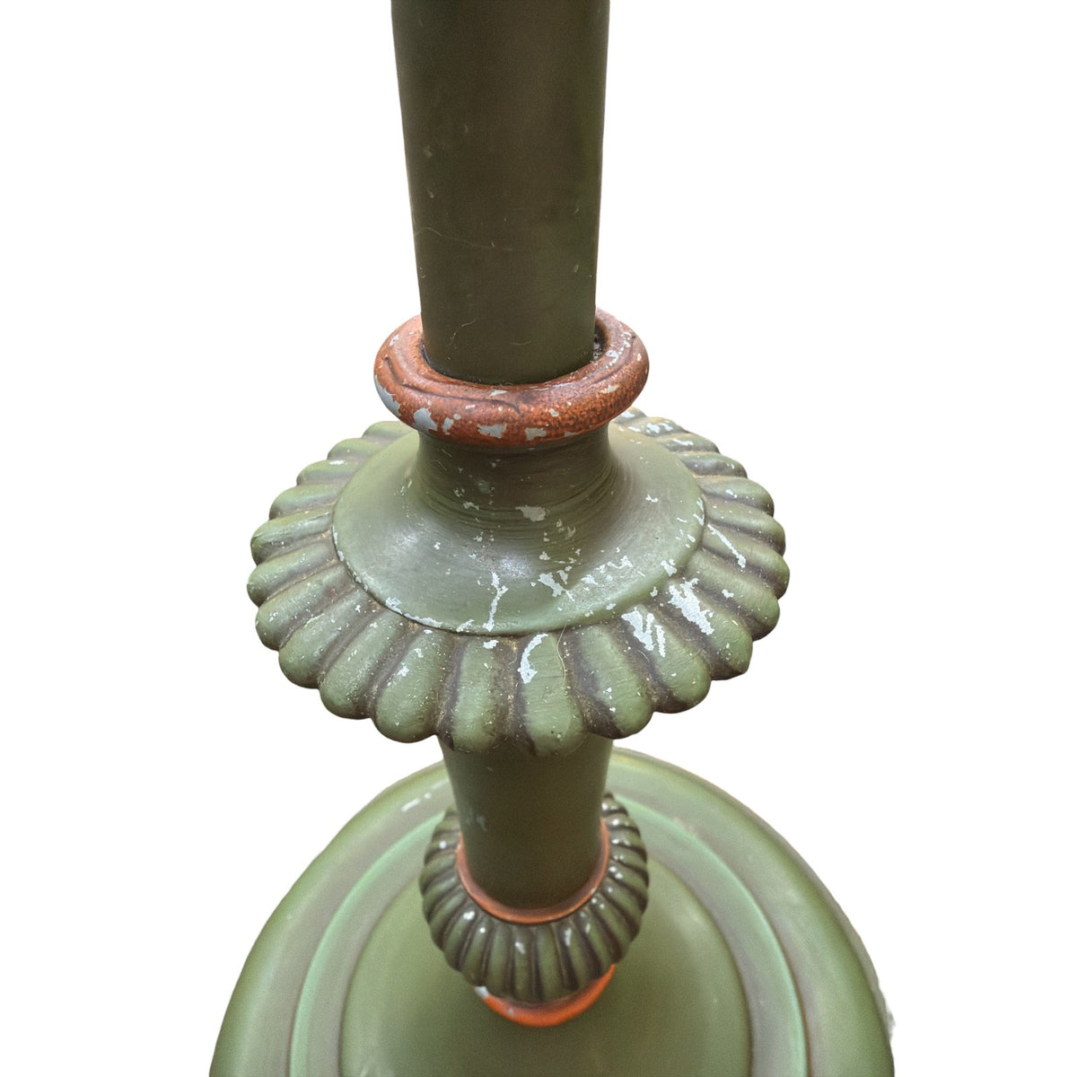 Vintage Metal Table Lamp Pair Olive Avocado Green Urn Form Orange Accents