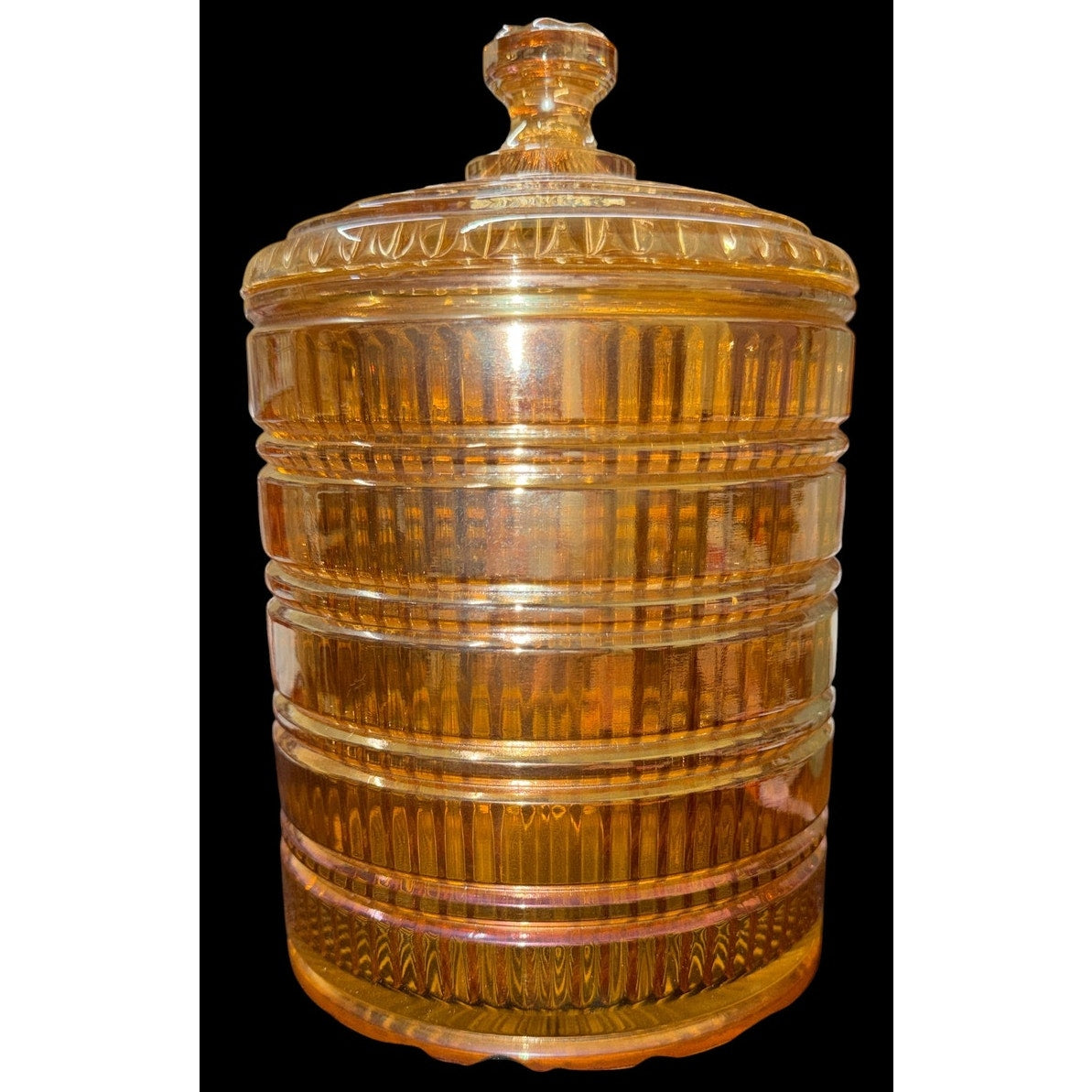 Exceptional Vintage Peach Carnival Glass Biscuit Jar Jeannette Attributed 9.5"