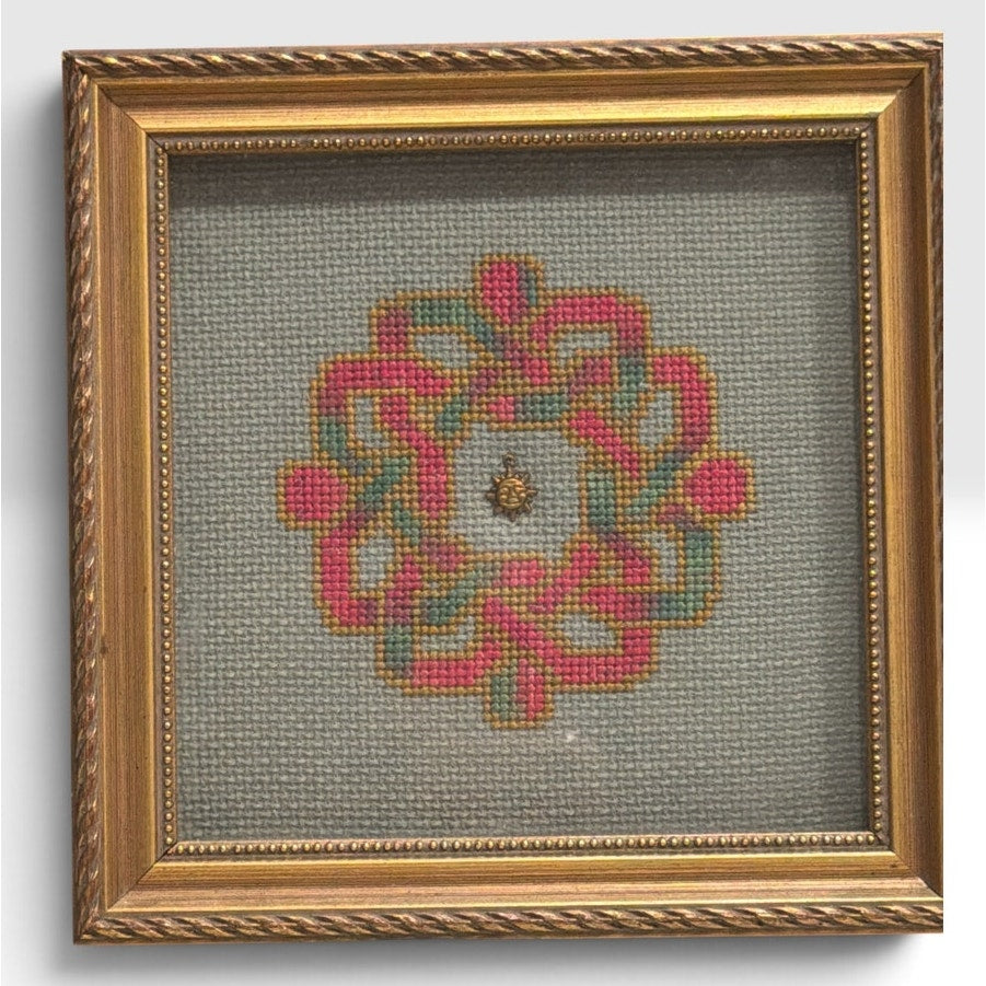 Handmade Framed Cross Stitch Art Geometric Knotwork Brass Sun Charm 7.25" – additional view 2