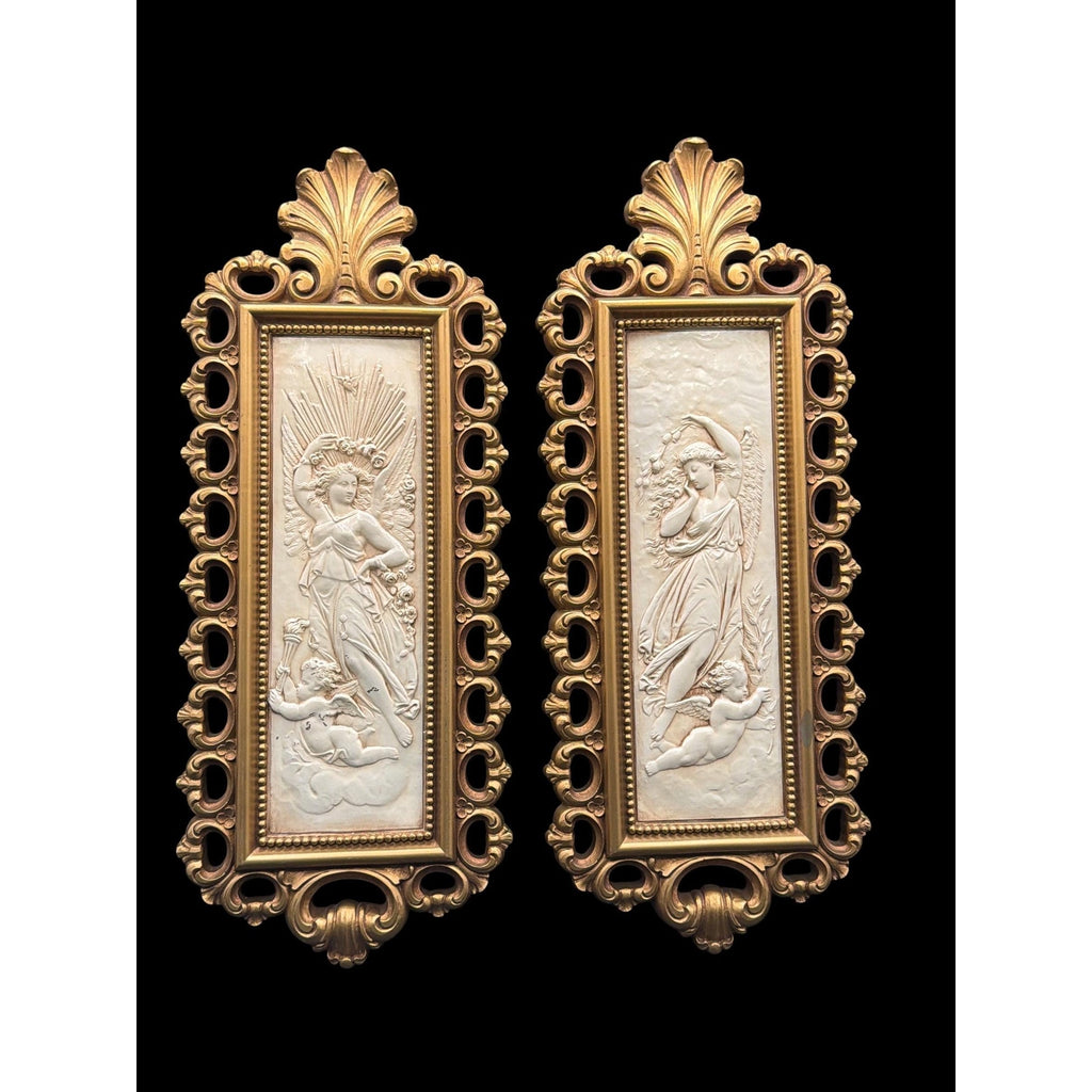 Vintage Homco Angel Cherub Wall Plaques Pair Gold Ivory Hollywood Regency Neoclassical Art