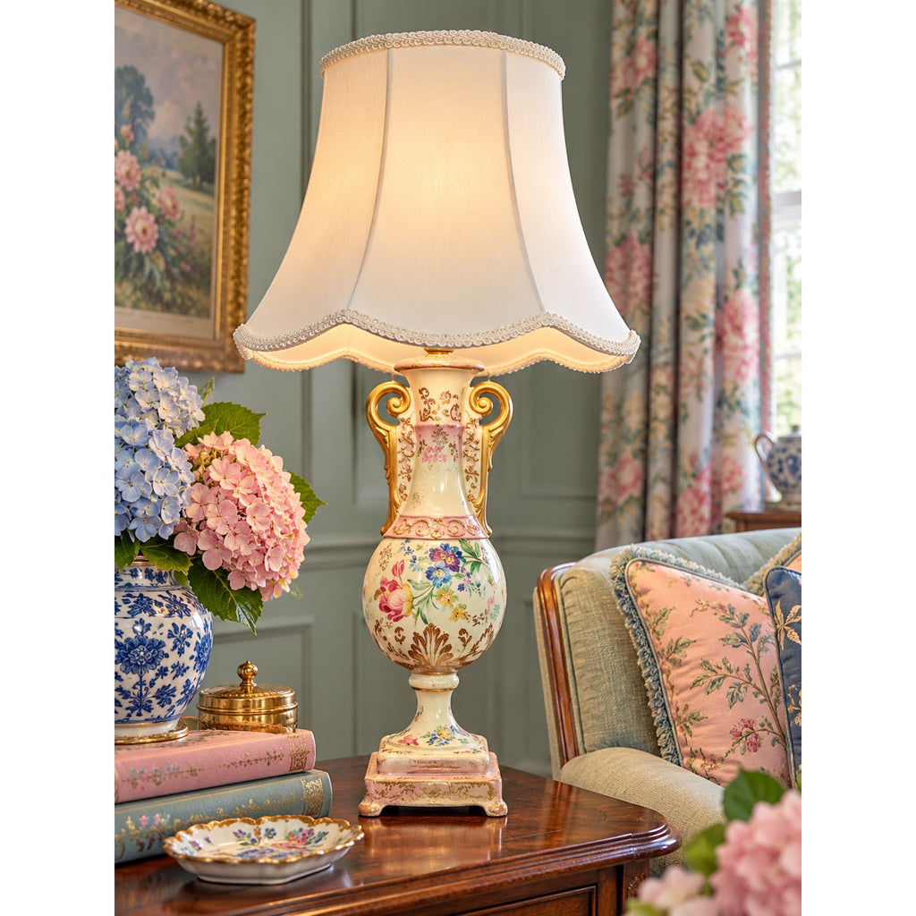 Vintage Beckwith China Porcelain Floral Urn Table Lamp Pink Gold 25 Inch